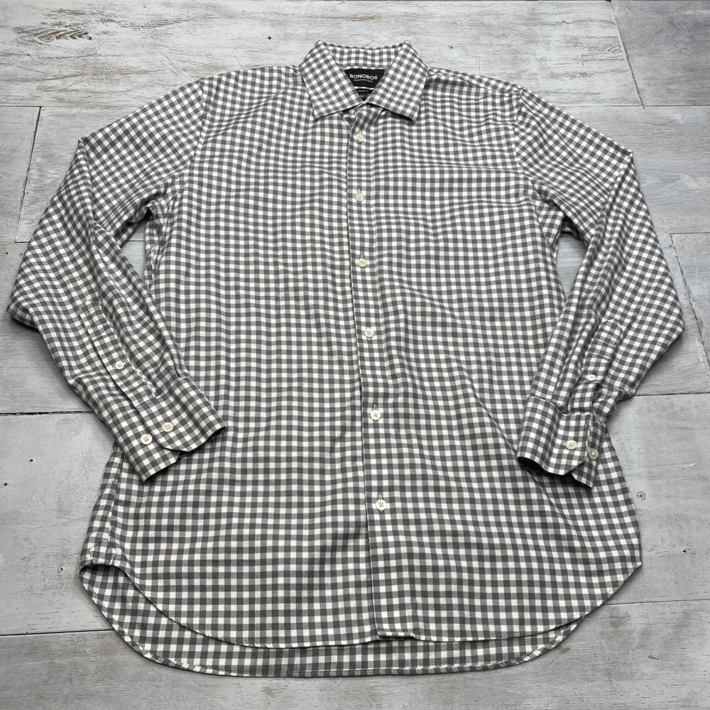 Bonobos Dress Shirt Mens 16.5 35 Grey White Gingham Tailored Fit Swiss Fabric